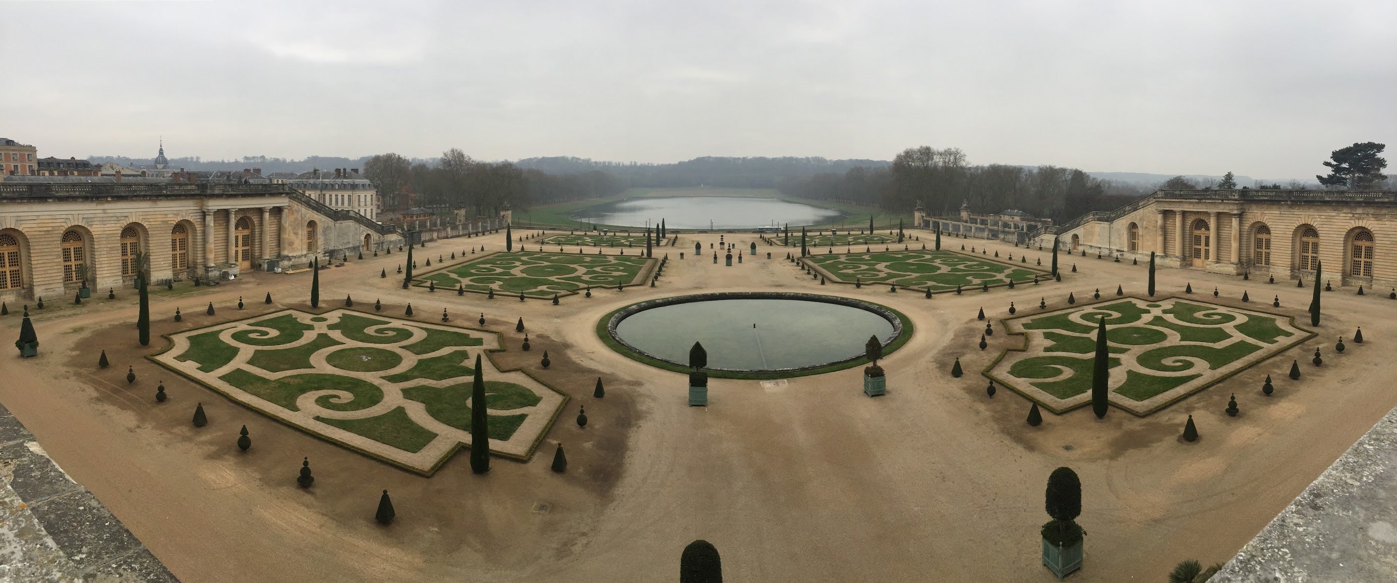 Panoramic view of the formal gardens at the Palace of Versailles in France