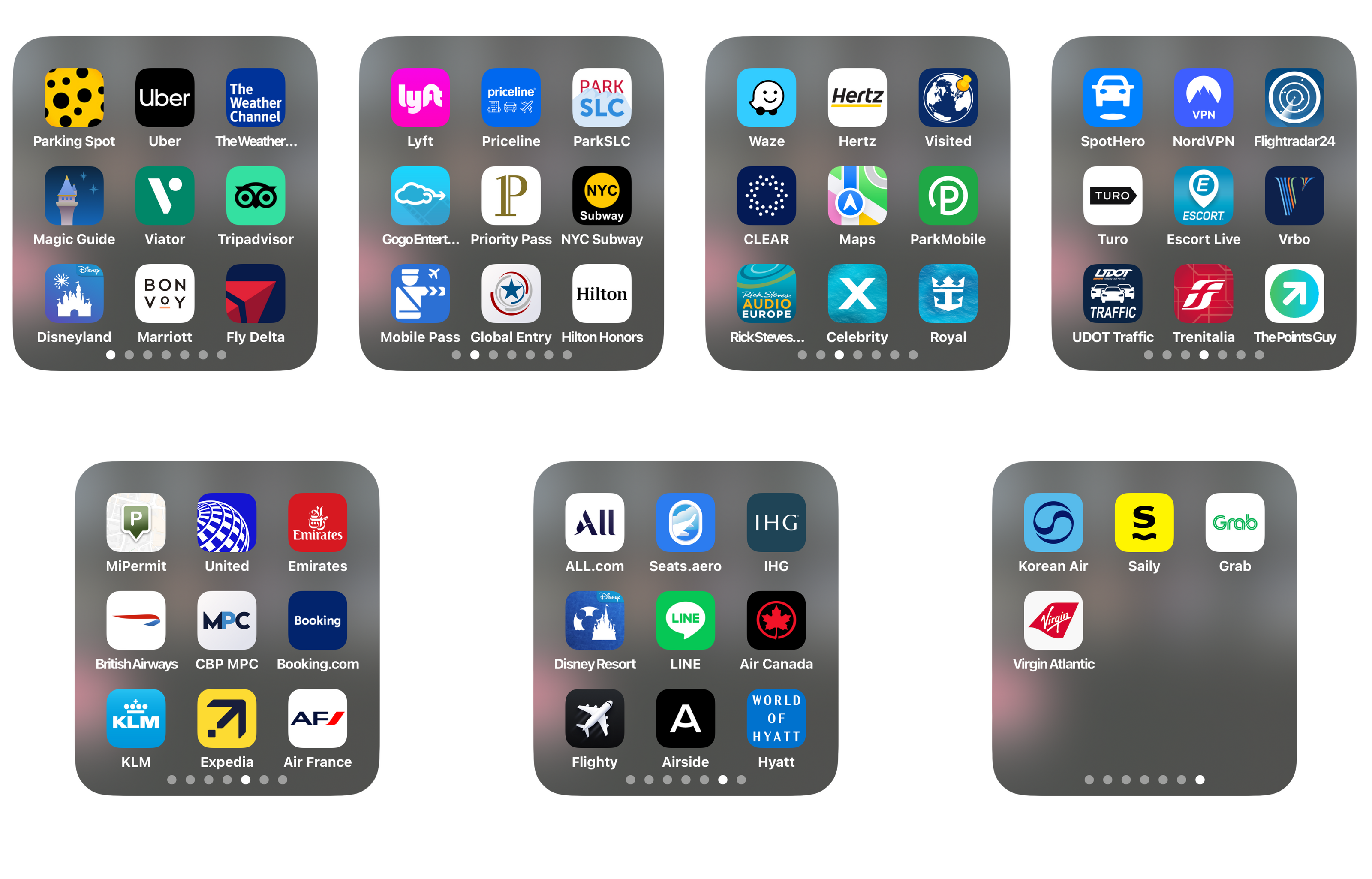 Screenshot of a smartphone showing grouped travel apps including airlines, hotel chains, navigation, rewards programs, transit tools, and travel booking platforms.
