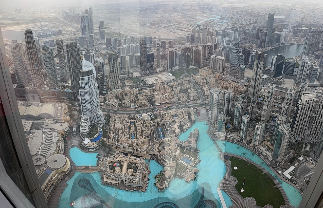 Aerial view of downtown Dubai skyline from Burj Khalifa observation deck